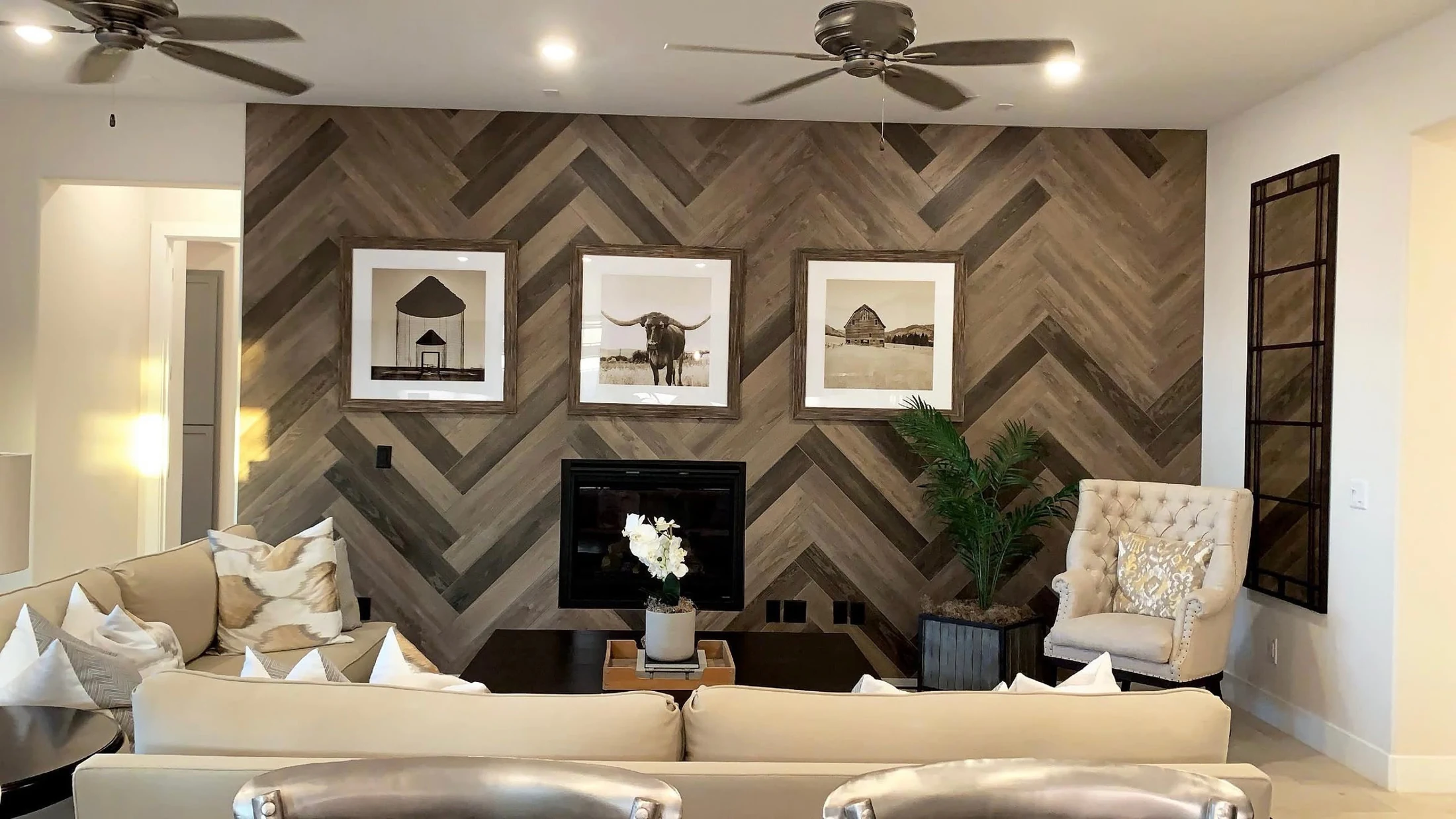 Full-height herringbone feature wall with fireplace